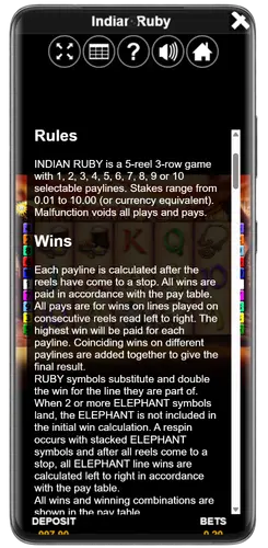 Regelseite im Indian Ruby Slot aufgerufen